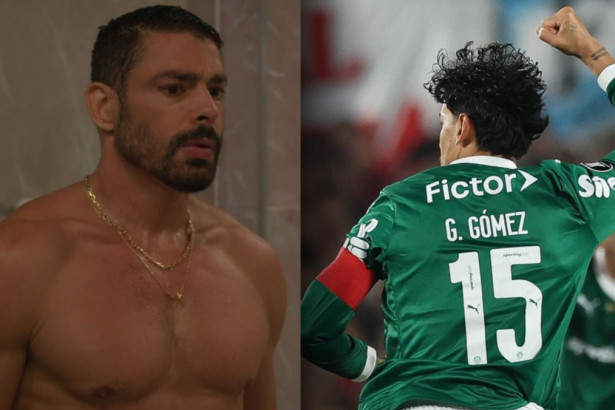 Montagem de Cauã Reymond sem camisa em cena da novela Vale Tudo e o jogador Gustavo Gómez, do Palmeiras, comemorando um gol de costas.
