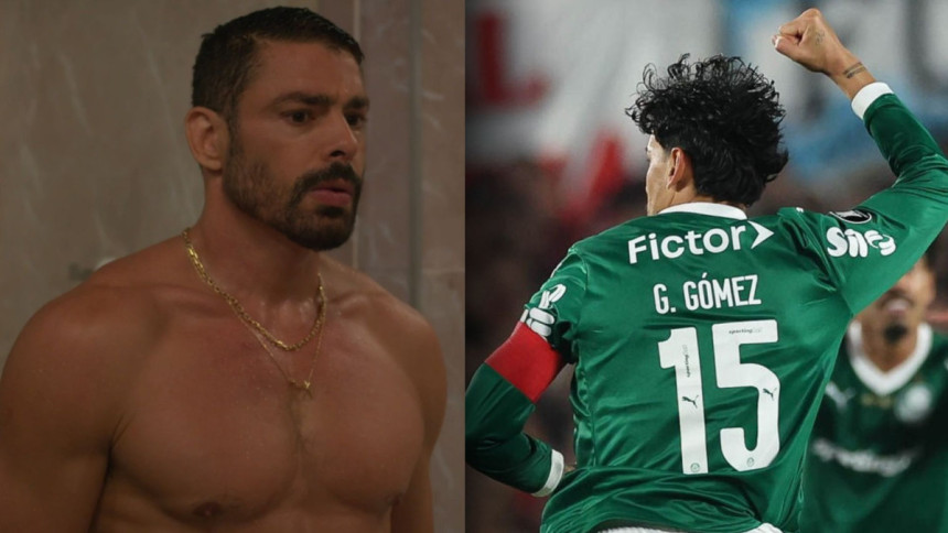 Montagem de Cauã Reymond sem camisa em cena da novela Vale Tudo e o jogador Gustavo Gómez, do Palmeiras, comemorando um gol de costas.