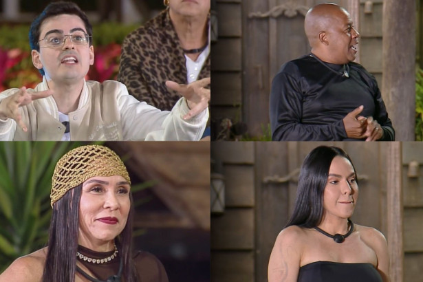 Montagem com quatro fotos: Dudu Camargo falando, Toninho Tornado gesticulando, Yoná de gorro dourado e Tamires de top preto no reality A Fazenda.