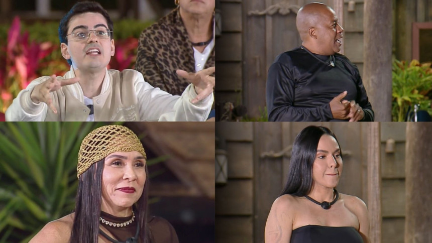 Montagem com quatro fotos: Dudu Camargo falando, Toninho Tornado gesticulando, Yoná de gorro dourado e Tamires de top preto no reality A Fazenda.