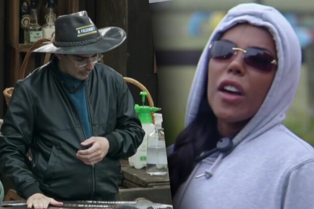 Dudu Camargo e Carol Lekker em uma montagem na delegação de A Fazenda