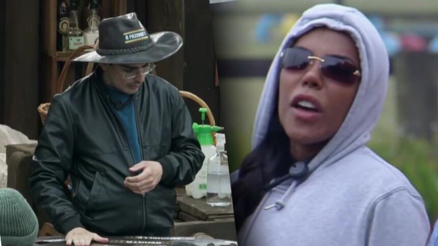 Dudu Camargo e Carol Lekker em uma montagem na delegação de A Fazenda