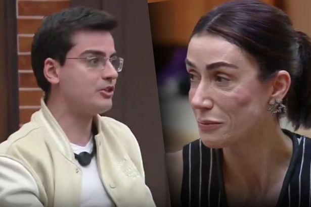 Montagem de Dudu Camargo, de jaqueta bege, e Michelle Barros, com blusa listrada. Os dois participantes aparecem em um momento de conversa no reality A Fazenda.