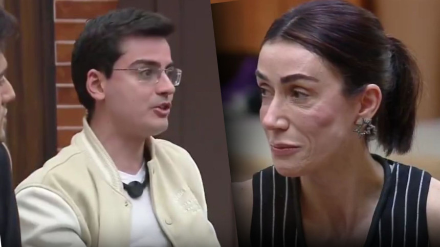 Montagem de Dudu Camargo, de jaqueta bege, e Michelle Barros, com blusa listrada. Os dois participantes aparecem em um momento de conversa no reality A Fazenda.