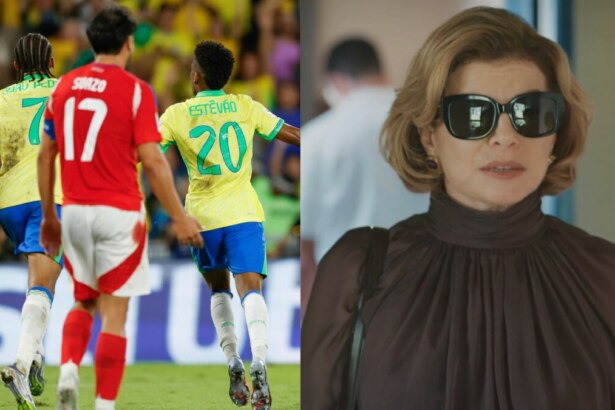 Montagem com o jogador Estevão da seleção brasileira em campo e a personagem Odete Roitman de óculos escuros na novela Vale Tudo
