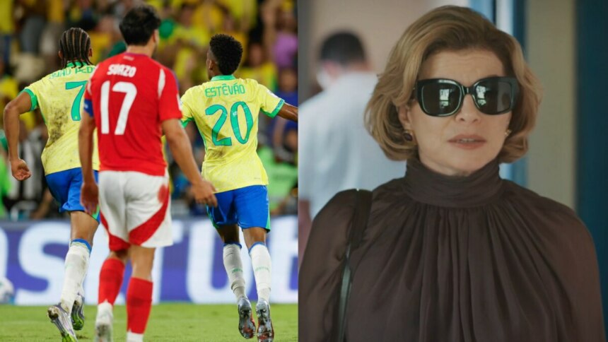 Montagem com o jogador Estevão da seleção brasileira em campo e a personagem Odete Roitman de óculos escuros na novela Vale Tudo