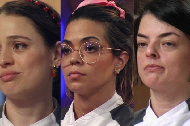 Participantes Julia, Jéssica e Aline em uma montagem no MasterChef Confeitaria