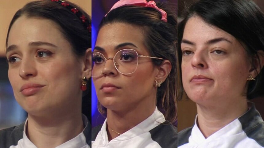 Participantes Julia, Jéssica e Aline em uma montagem no MasterChef Confeitaria