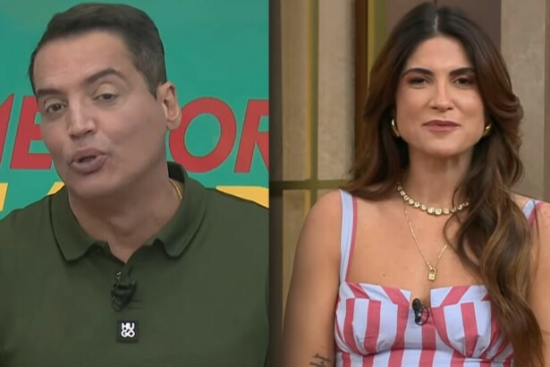 Montagem de Leo Dias, com camisa polo verde, e Pâmela Lucciola, com blusa listrada. Imagens do programa de fofocas Melhor da Tarde.