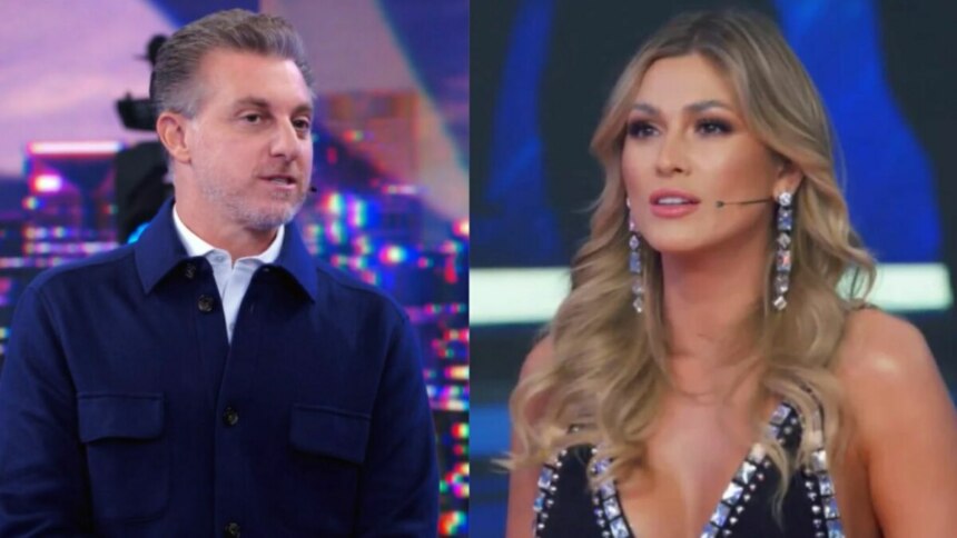 Luciano Huck e Livia Andrade em uma montagem no cenário do Domingão