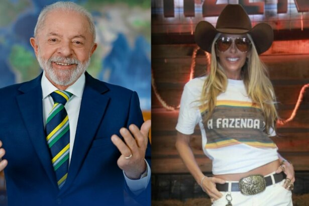 Montagem de fotos: o presidente Lula, de terno, sorrindo e gesticulando; e a apresentadora Adriane Galisteu, com chapéu de caubói e a camiseta de A Fazenda.