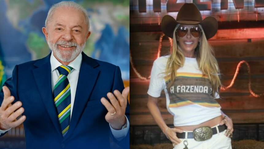 Montagem de fotos: o presidente Lula, de terno, sorrindo e gesticulando; e a apresentadora Adriane Galisteu, com chapéu de caubói e a camiseta de A Fazenda.