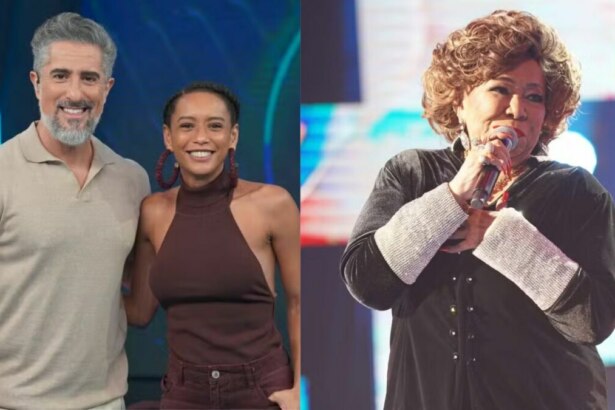 Montagem com Marcos Mion e Taís Araújo lado a lado, e Alcione cantando em um palco ao lado no programa Caldeirão com Mion.