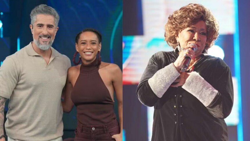 Montagem com Marcos Mion e Taís Araújo lado a lado, e Alcione cantando em um palco ao lado no programa Caldeirão com Mion.