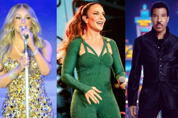 Montagem de três cantores: Mariah Carey com vestido dourado, Ivete Sangalo com roupa verde e Lionel Richie com casaco preto.
