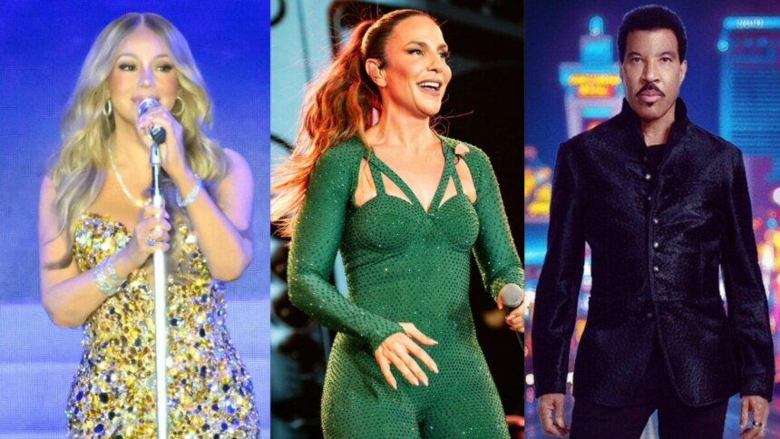 Montagem de três cantores: Mariah Carey com vestido dourado, Ivete Sangalo com roupa verde e Lionel Richie com casaco preto.