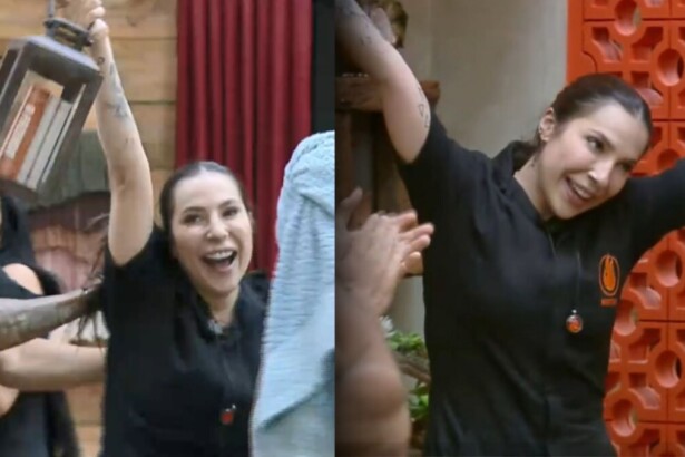 Martina celebrando a vitória Prova de Fogo na sala de a fazenda 17