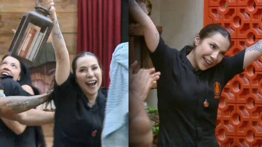 Martina celebrando a vitória Prova de Fogo na sala de a fazenda 17