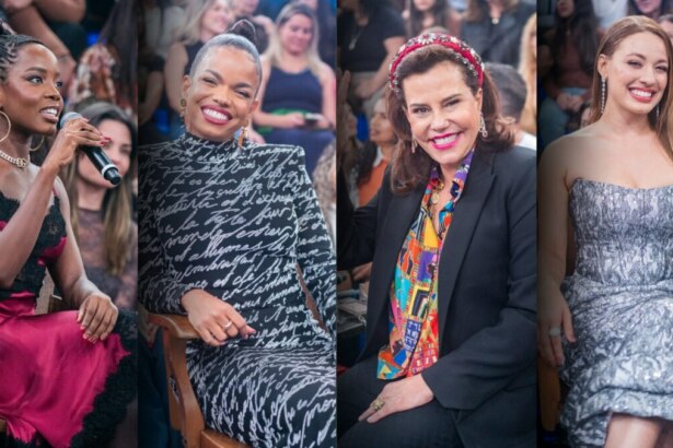Clara Moneke, Jeniffer Nascimento, Narcisa Tamborindeguy e Beatriz Reis sentadas no cenário do Altas Horas
