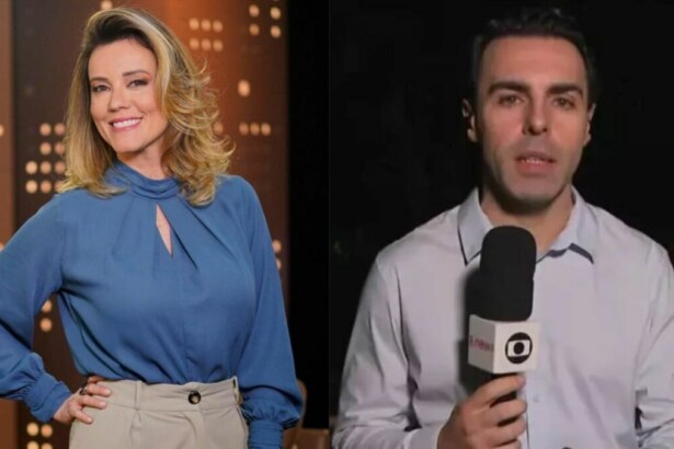Natuza Nery, em foto posada no estúdio, e Rafael Colombo, segurando o microfone da Globo, em uma montagem