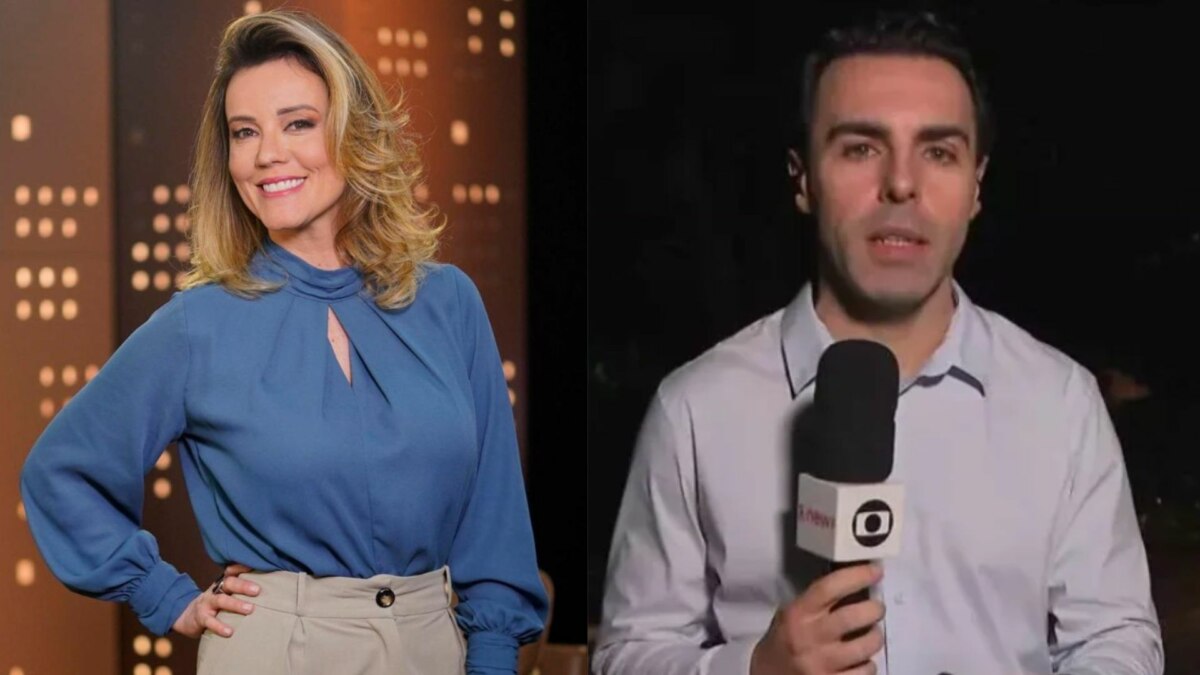 Natuza Nery, em foto posada no estúdio, e Rafael Colombo, segurando o microfone da Globo, em uma montagem