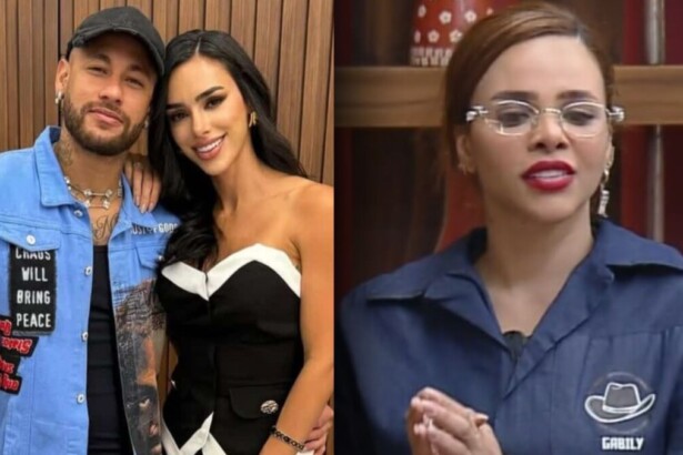 Montagem de fotos: Neymar e Bruna Biancardi posam juntos. Ao lado, a participante Gabily aparece séria e de óculos em A Fazenda.