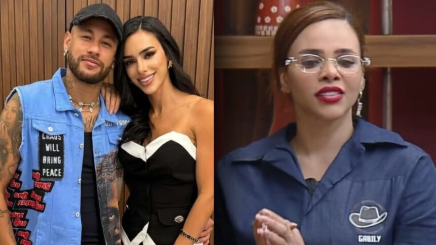 Montagem de fotos: Neymar e Bruna Biancardi posam juntos. Ao lado, a participante Gabily aparece séria e de óculos em A Fazenda.
