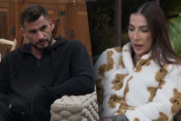 Montagem de fotos de Nizam com moletom preto e a influenciadora Martina de jaqueta de pelos. Eles conversam na área externa do reality A Fazenda.