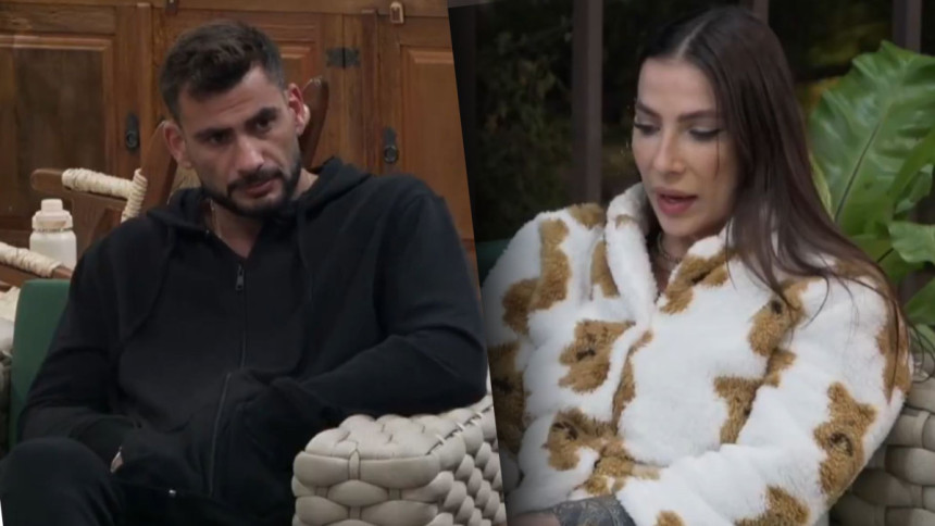 Montagem de fotos de Nizam com moletom preto e a influenciadora Martina de jaqueta de pelos. Eles conversam na área externa do reality A Fazenda.