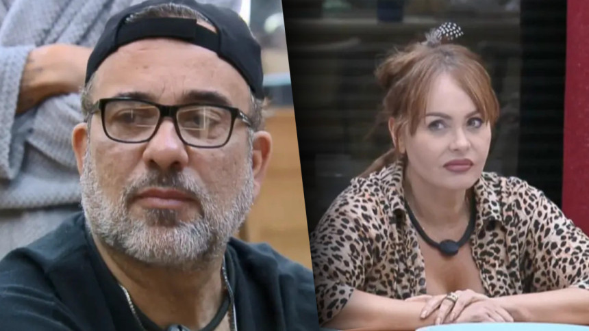Fabiano Moraes olha para Gaby Spanic na mesa da cozinha de A Fazenda 17