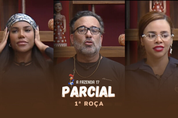 Carol Lekker, Fabiano e Gabily no canto da sala pedindo votos para ficarem na 1ª Roça de A Fazenda 17