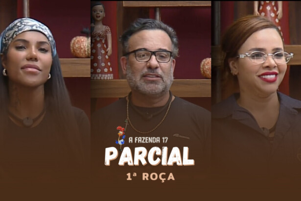 Carol Lekker, Fabiano e Gabily no canto da sala pedindo votos para ficarem na 1ª Roça de A Fazenda 17