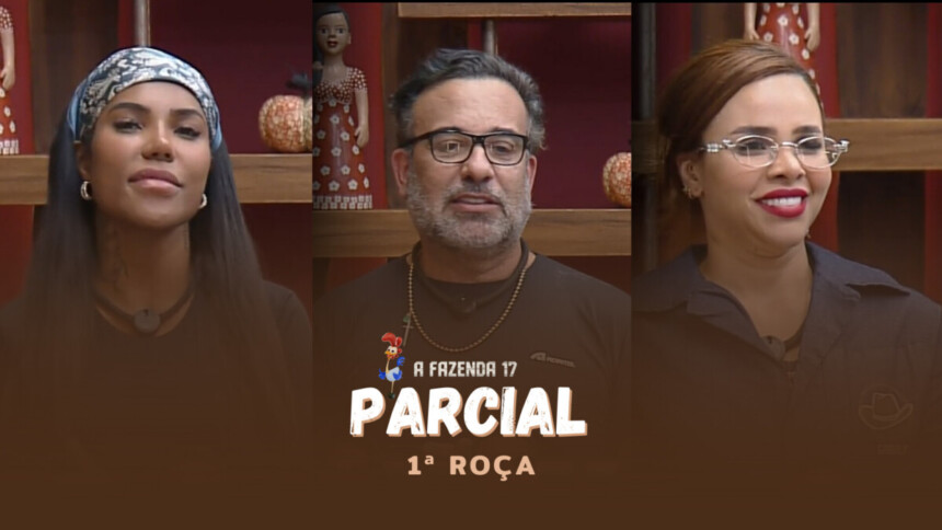 Carol Lekker, Fabiano e Gabily no canto da sala pedindo votos para ficarem na 1ª Roça de A Fazenda 17