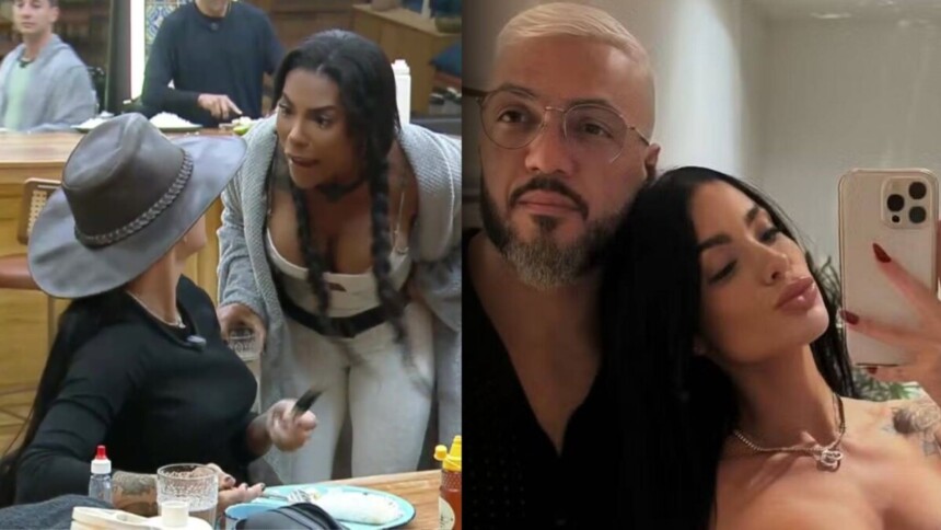 Uma montagem com duas fotos. Na foto da esquerda, a participante Rayane, de chapéu de caubói marrom, está em uma discussão com a participante Carol, de blusa de moletom cinza, na cozinha de A Fazenda. Na foto da direita, a mesma Rayane, com o cabelo solto, faz um bico para a câmera em uma selfie com o cantor Belo, que está de barba e cabelo grisalhos.