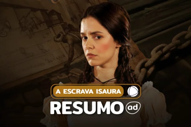 Isaura com olhar desconfiado na arte do resumo de A Escrava Isaura