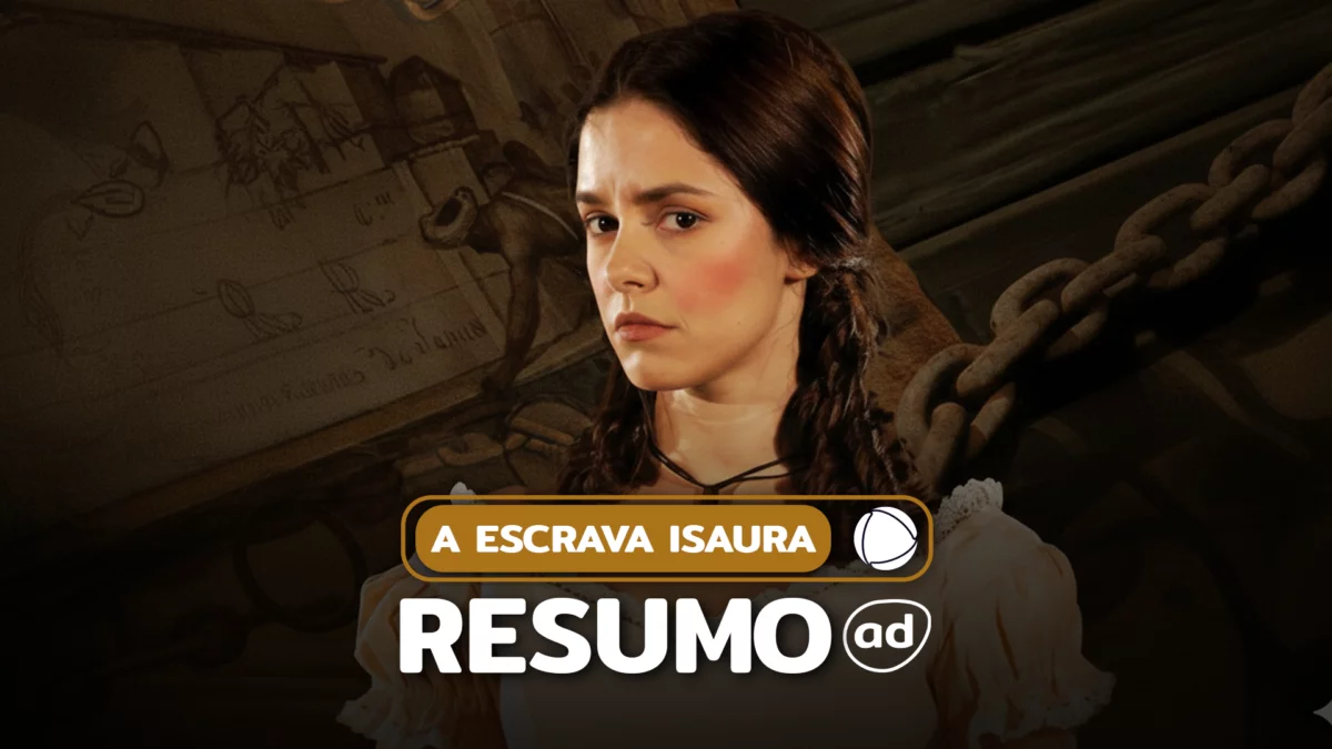 Isaura com olhar desconfiado na arte do resumo de A Escrava Isaura