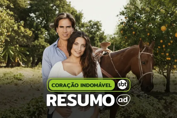 Protagonistas da novela mexicana abraçados em frente a um cavalo em uma campo na arte do resumo de Coração Indomável