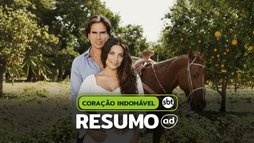 Protagonistas da novela mexicana abraçados em frente a um cavalo em uma campo na arte do resumo de Coração Indomável
