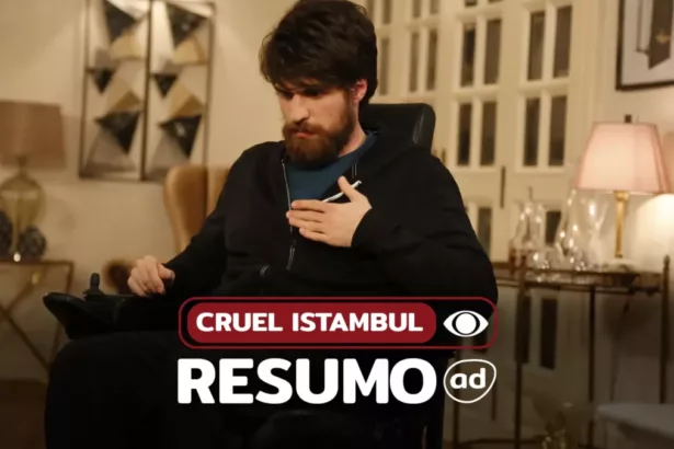 Nedim com a mão no peito e sentado em uma cadeira de rodas na arte do resumo de Cruel Istambul