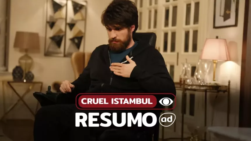Nedim com a mão no peito e sentado em uma cadeira de rodas na arte do resumo de Cruel Istambul