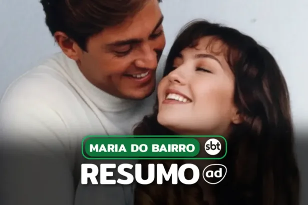 Casal de protagonistas se olham na arte do resumo de Maria do Bairro