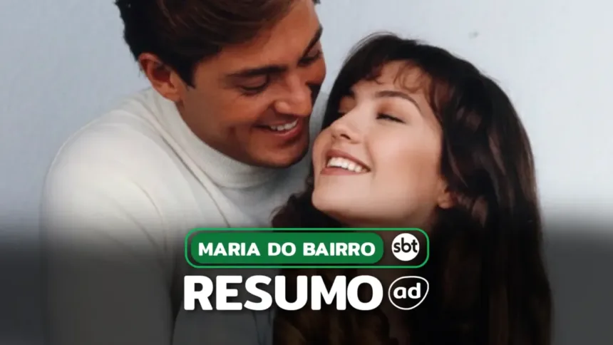 Casal de protagonistas se olham na arte do resumo de Maria do Bairro