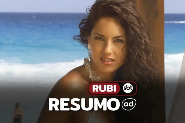 Rubi em um cenário com praia ao fundo na arte do resumo diário da novela