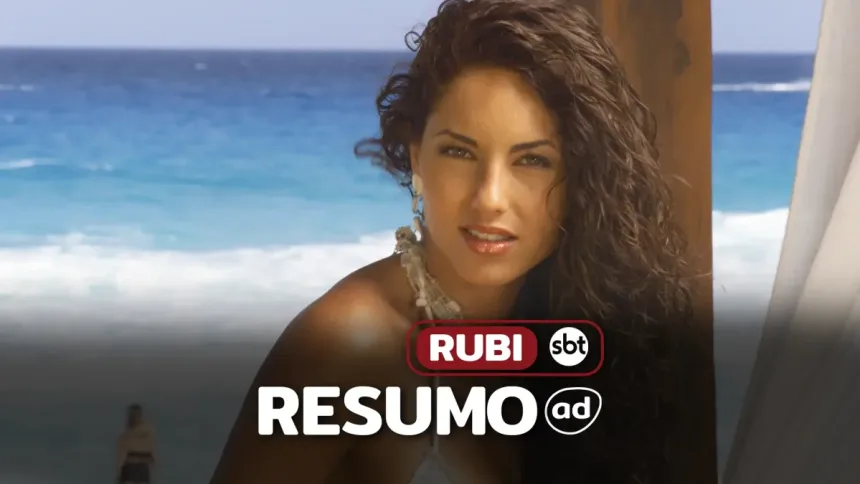Rubi em um cenário com praia ao fundo na arte do resumo diário da novela