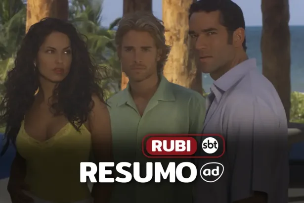 3 protagonistas em um cenário de praia na arte do resumo de Rubi