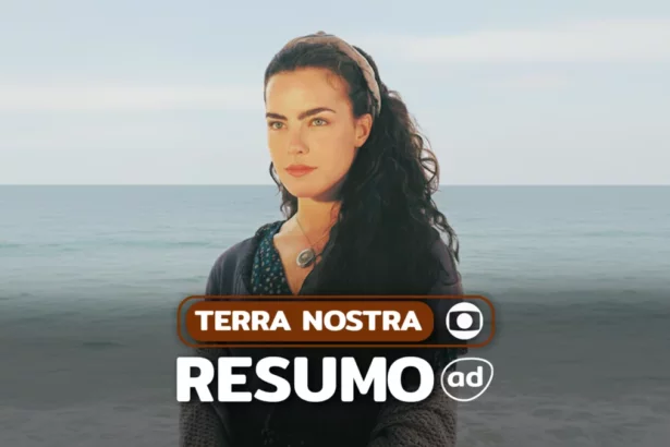 Giuliana em pé olhando para o horizonte. Ao fundo um mar na arte do resumo de Terra Nostra