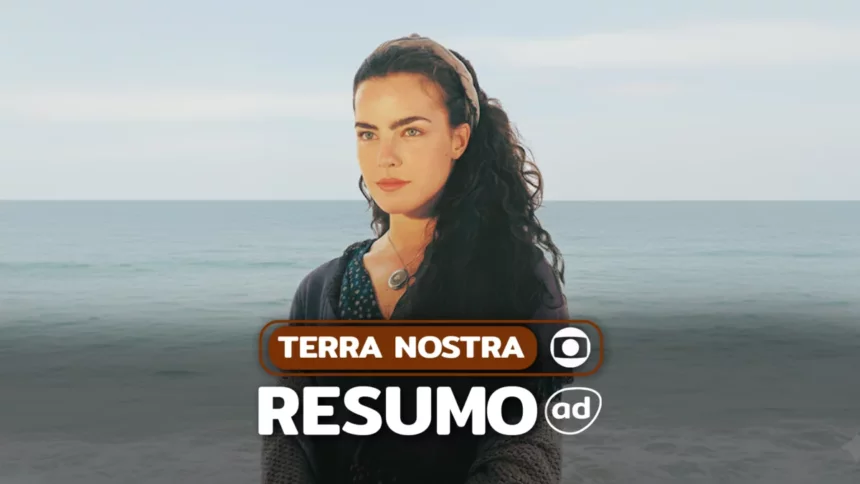 Giuliana em pé olhando para o horizonte. Ao fundo um mar na arte do resumo de Terra Nostra