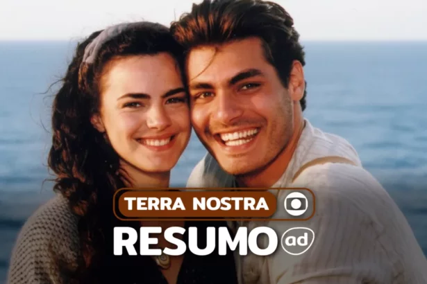 Matteo e Giuliana estão sorridentes. Ao fundo um mar na arte do resumo de Terra Nostra
