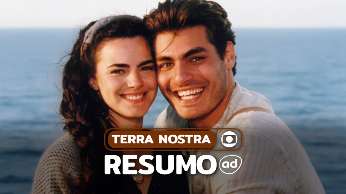 Matteo e Giuliana estão sorridentes. Ao fundo um mar na arte do resumo de Terra Nostra