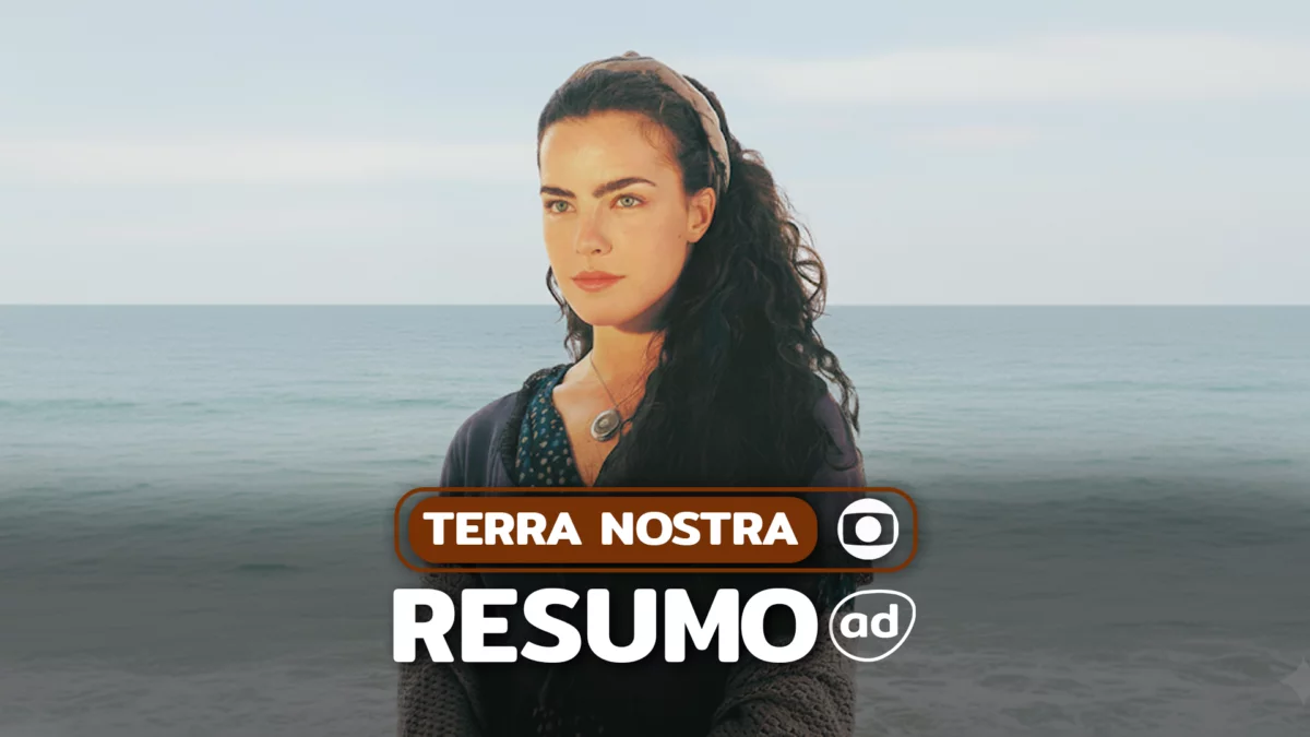 Giuliana em pé olhando para o horizonte. Ao fundo um mar na arte do resumo de Terra Nostra